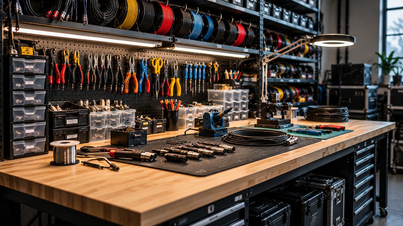 The ProductionBench cable bench: pegboard of tools, labeled connector bins, XLR coils on the mat
