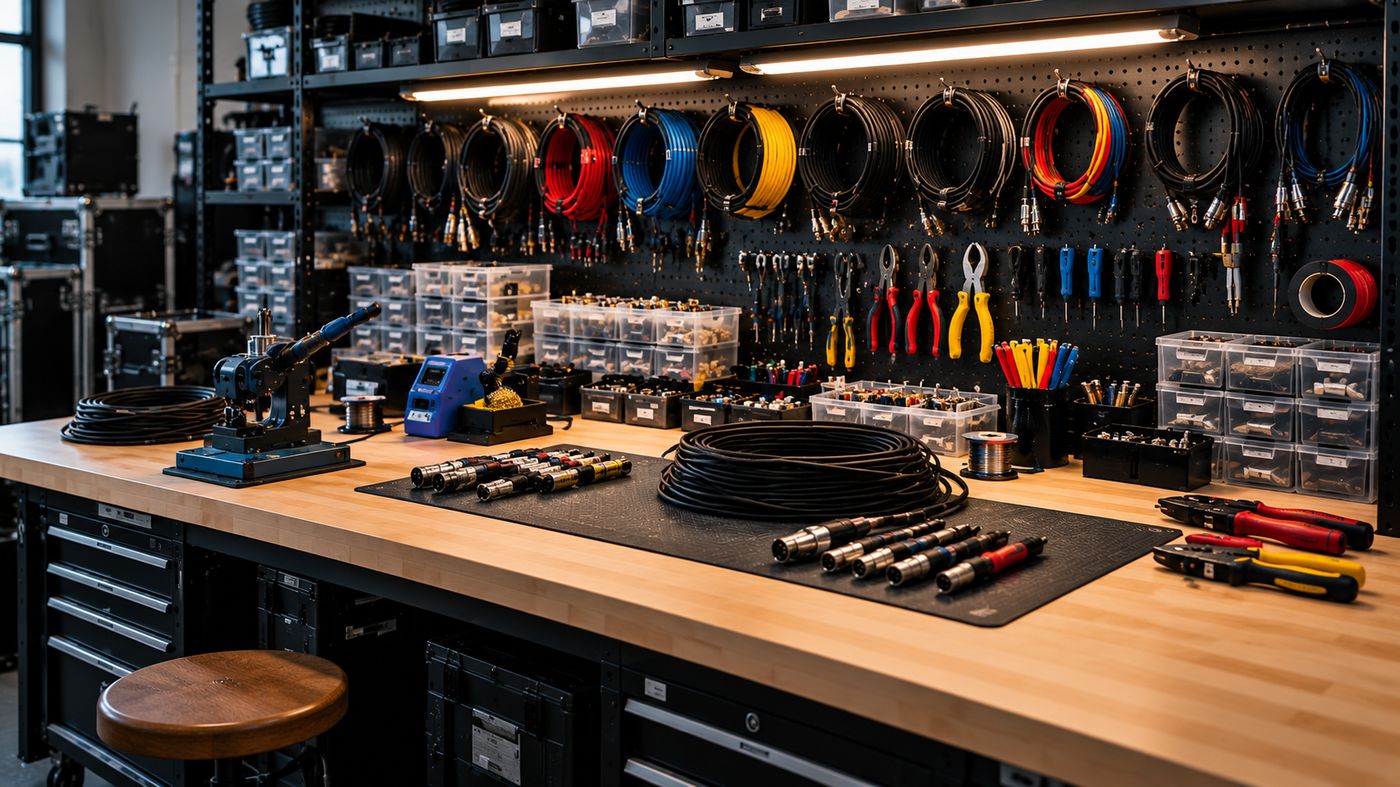 Cable bench with color-coded coils on the pegboard and XLR connectors laid out for testing
