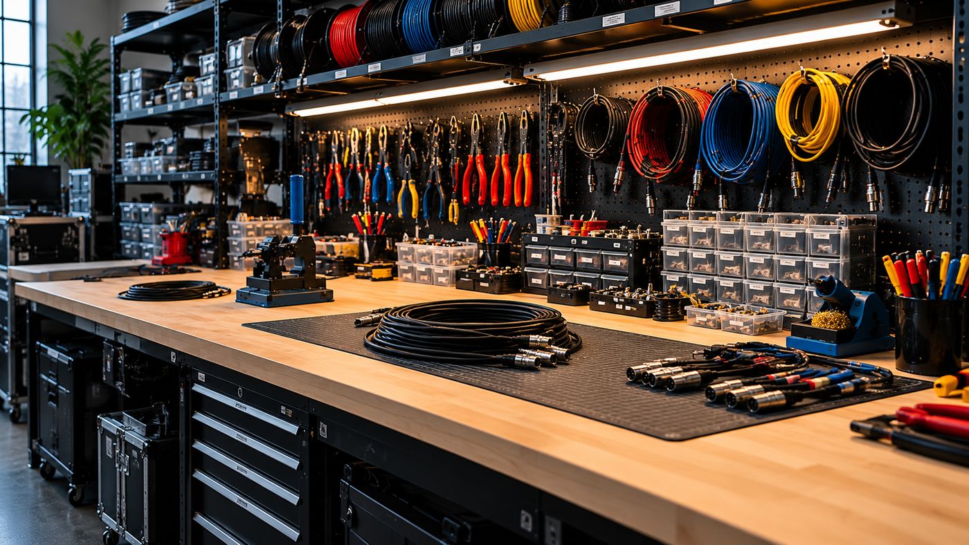 Clean cable bench with organized bins and tested cables coiled on the mat