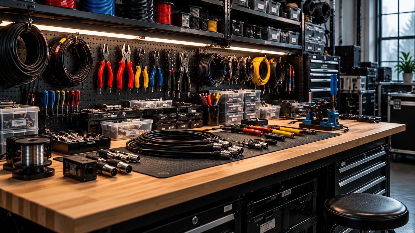 Cable bench with tools and connector bins