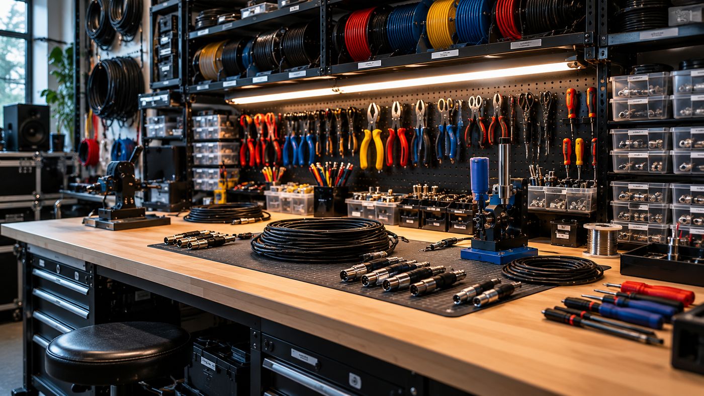 Teaching bench with connectors and tools laid out