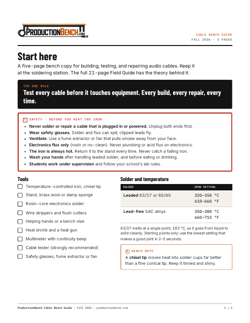 Page 1 of the Cable Bench Guide: start here, safety, tools, and temperatures