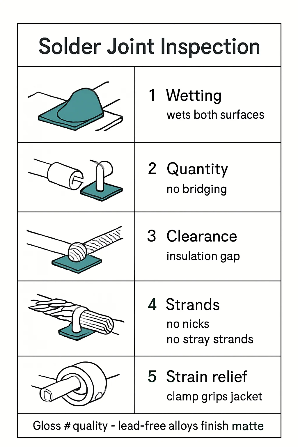 Diagram: Solder Joint Inspection, wets both surfaces, no bridging, insulation gap