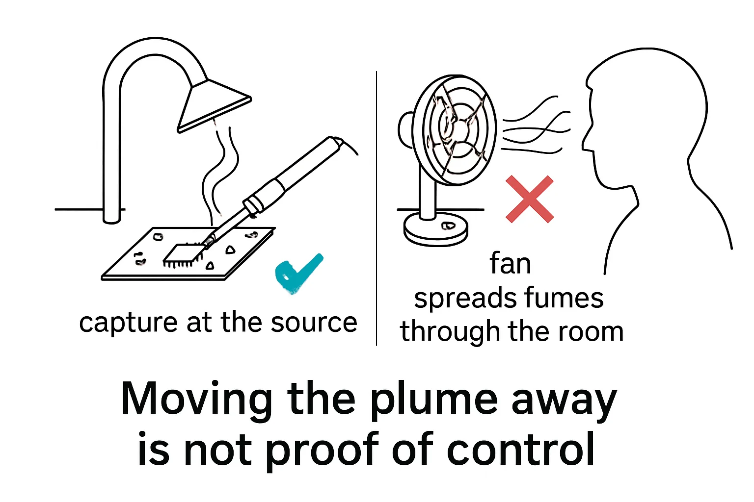 Diagram: capture at the source, fan spreads fumes through the room, Moving the plume away is not proof of control.