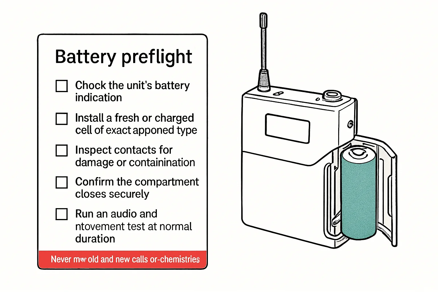Illustration: Battery preflight, 1. Check the unit's battery indication, , , ,