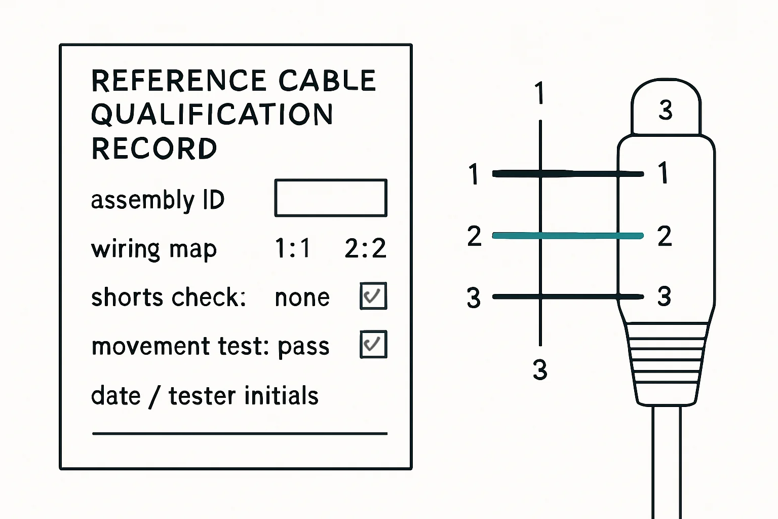 Illustration: assembly ID, wiring map 1:1 2:2 3:3, shorts check: none, movement test: pass