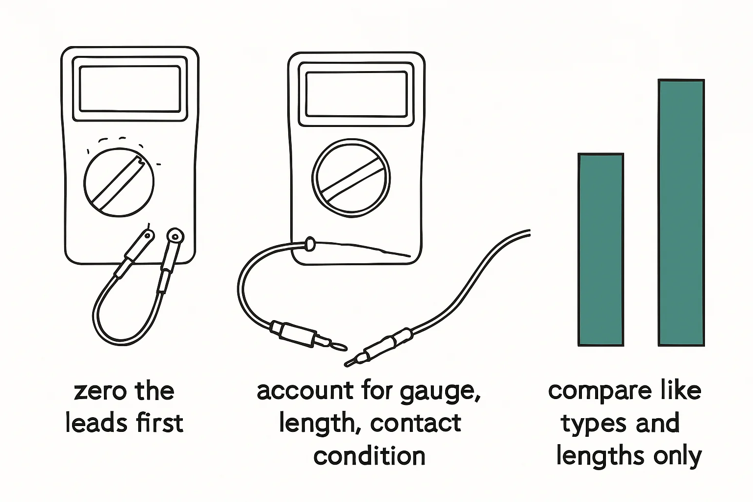 Illustration: zero the leads first., account for gauge, length, contact condition., compare like types and lengths only.