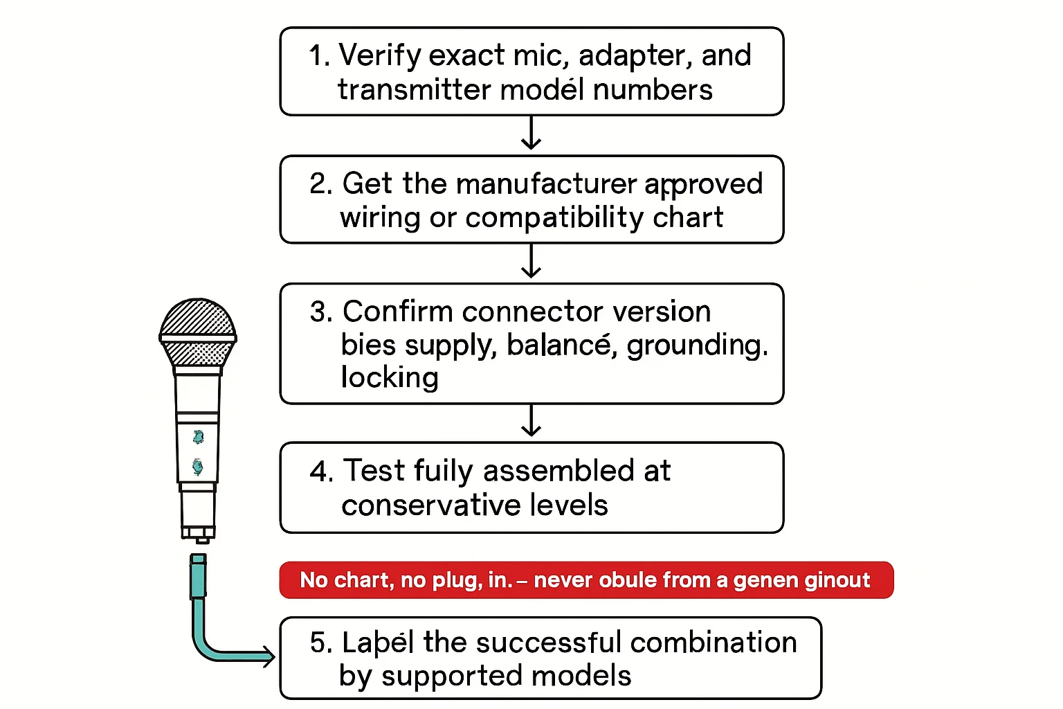 Illustration: 1. Verify exact mic, adapter, and transmitter model numbers, -> , -> , ->