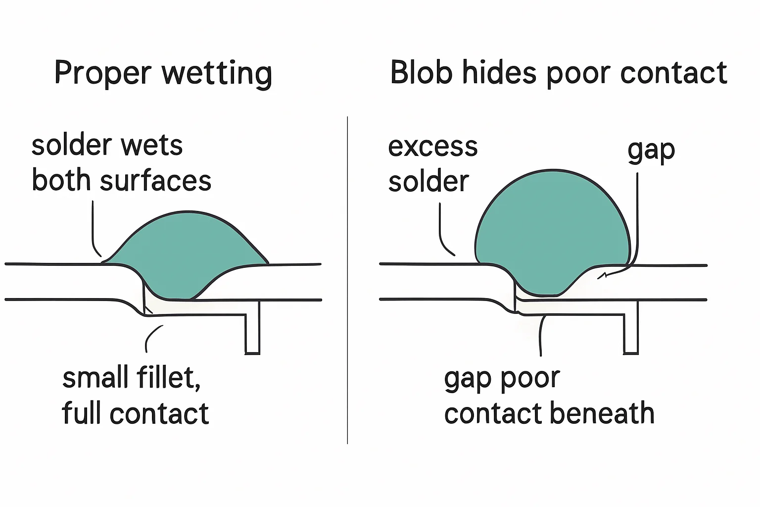 Cross-section diagram: Proper wetting, solder wets both surfaces, small fillet, full contact, Blob hides poor contact