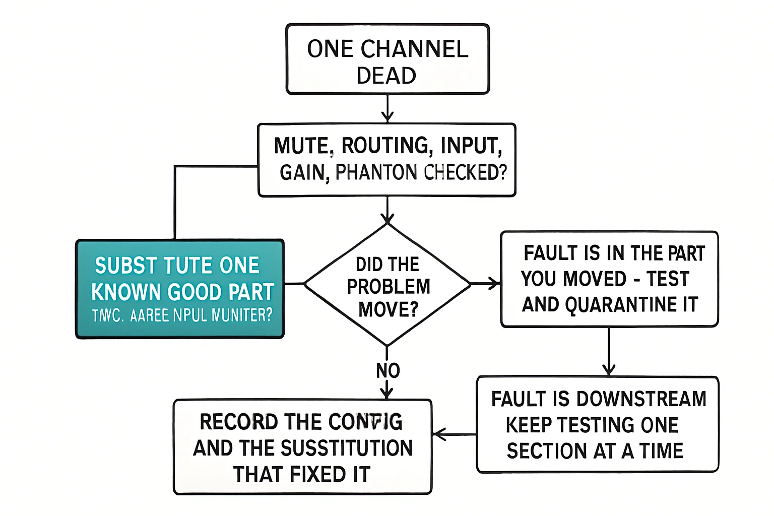 Flowchart: one channel dead, mute, routing, input, gain, phantom checked?, substitute ONE known-good part (mic, cable, input, monitor), did the problem move?