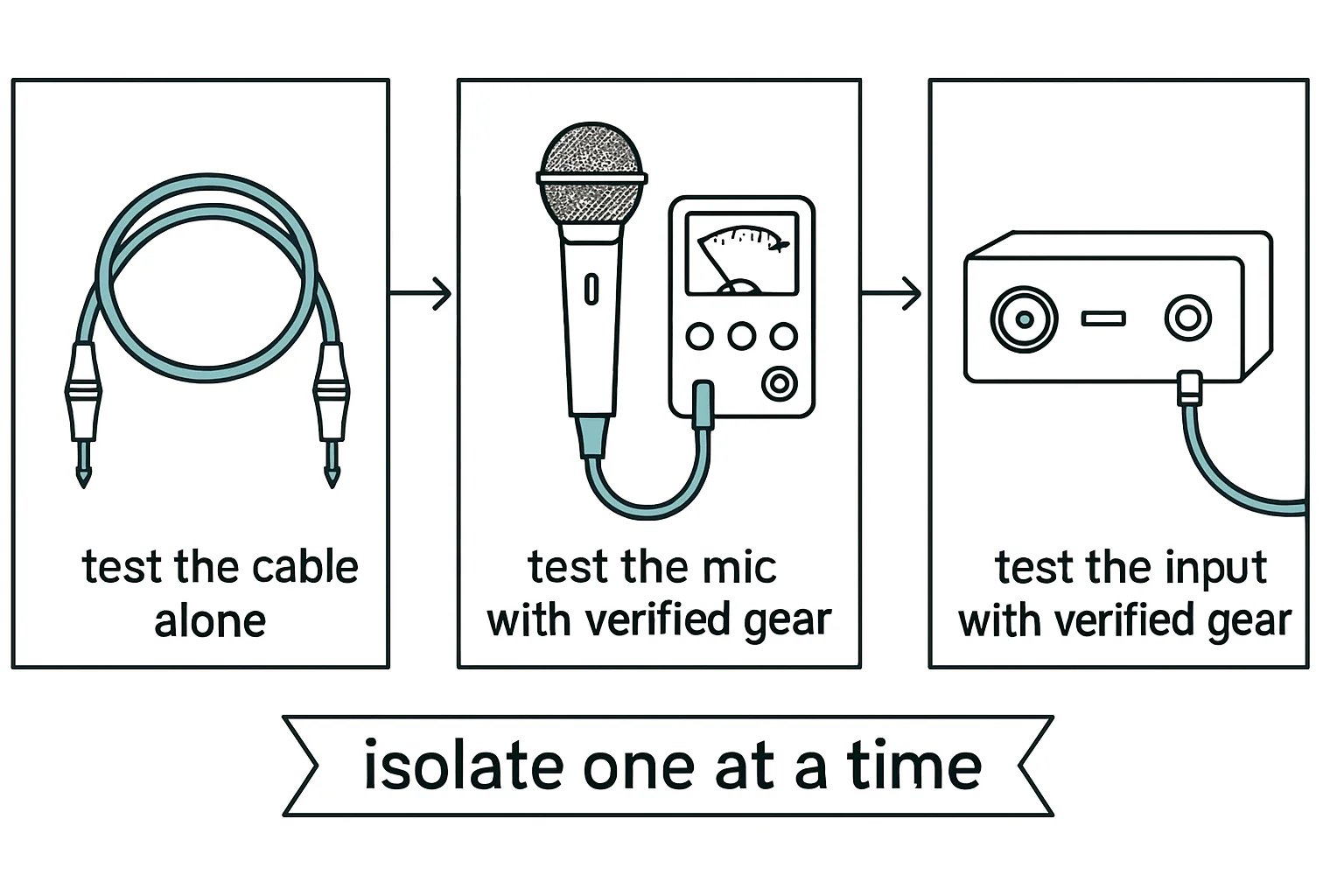 Illustration: test the cable alone, test the mic with verified gear, test the input with verified gear, isolate one at a time