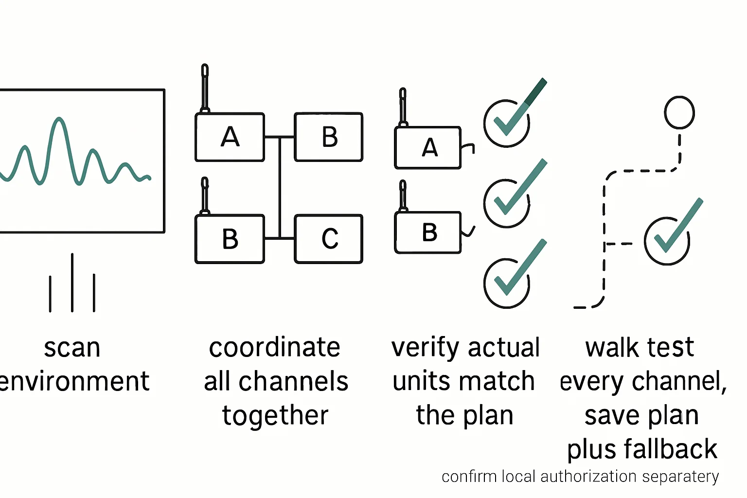 Illustration: scan environment., coordinate all channels together., verify actual units match the plan., walk test every channel, save plan plus fallback.