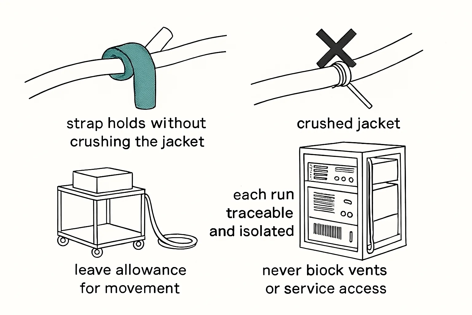 Illustration: strap holds without crushing the jacket, crushed jacket, leave allowance for movement, each run traceable and isolated