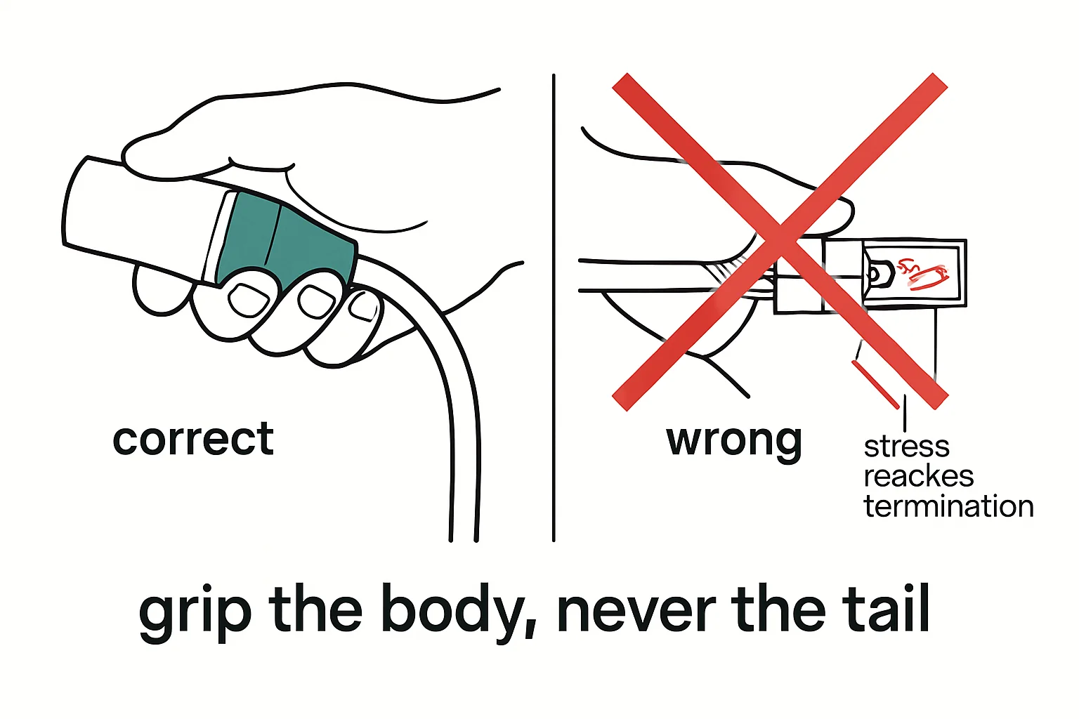 Comparison: correct, wrong, stress reaches the termination, grip the body, never the tail
