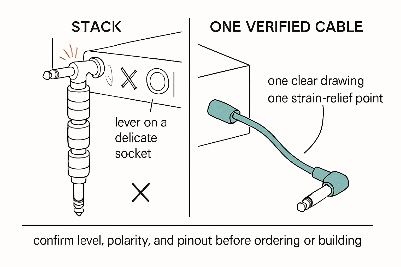 Illustration: STACK, lever on a delicate socket, ONE VERIFIED CABLE, one clear drawing, one strain-relief point