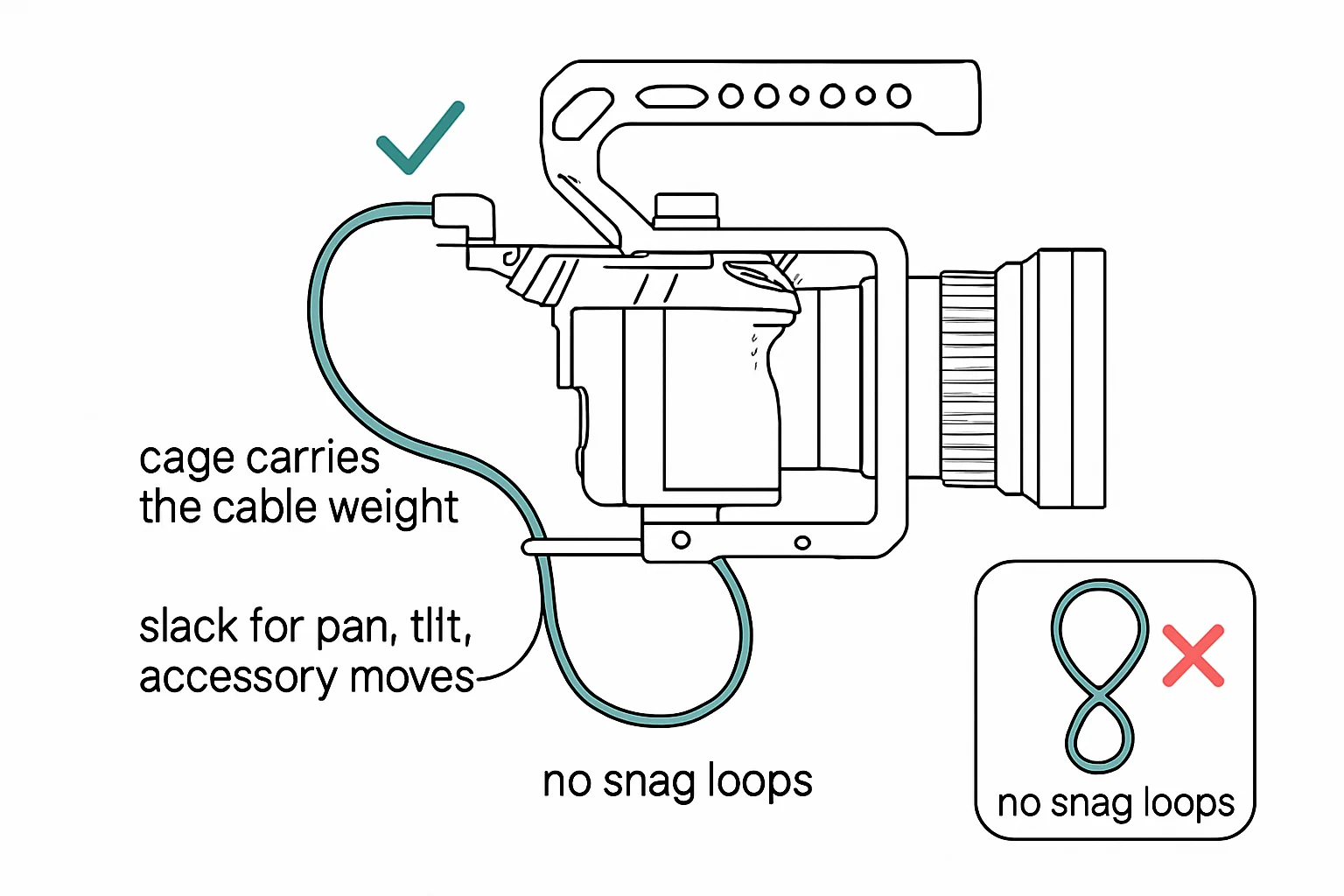 Illustration: cage carries the cable weight, slack for pan, tilt, accessory moves, no snag loops