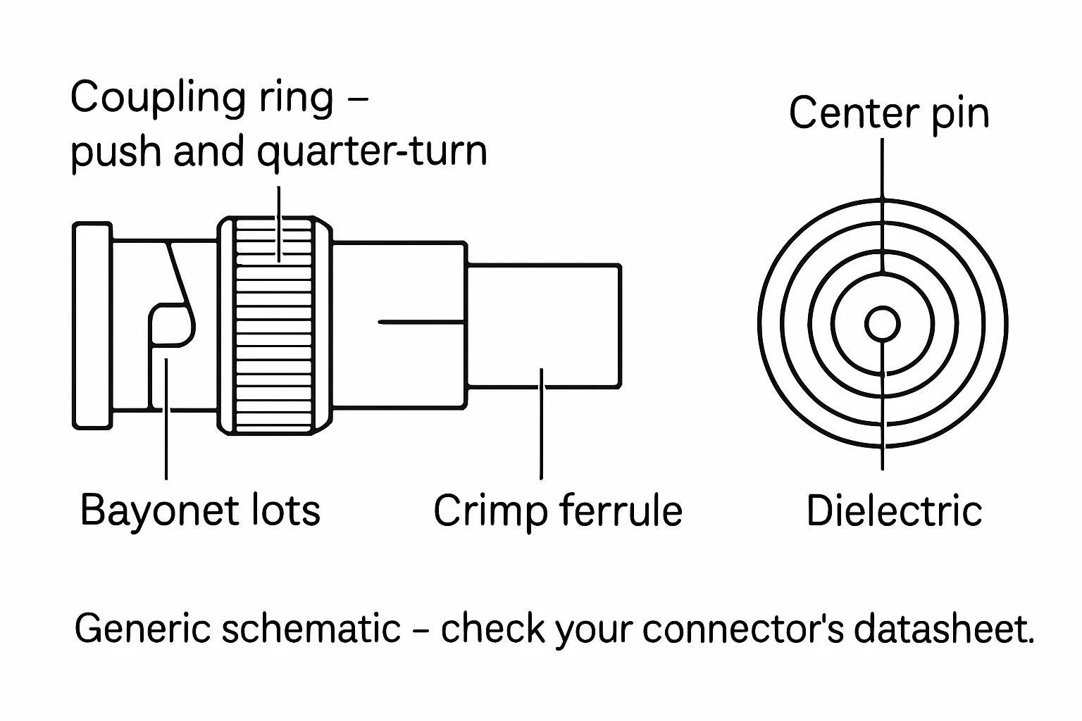 Illustration: Coupling ring - push and quarter-turn, Bayonet slots, Crimp ferrule, Center pin
