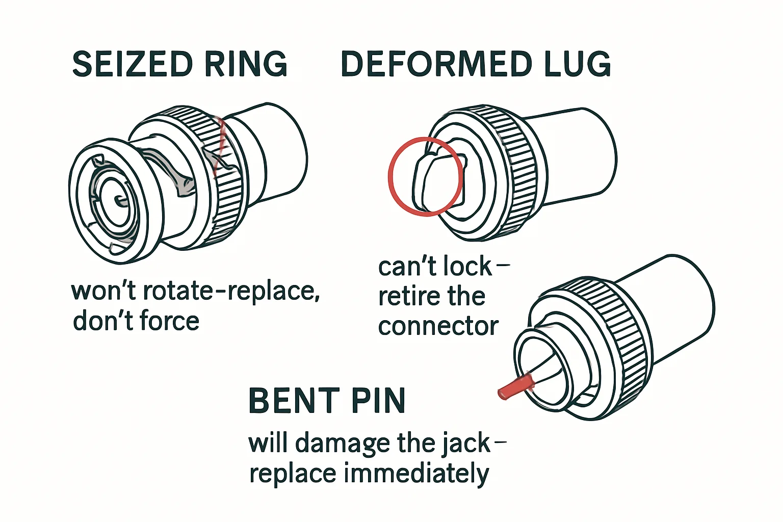 Illustration: SEIZED RING, won't rotate - replace, don't force, DEFORMED LUG, can't lock - retire the connector