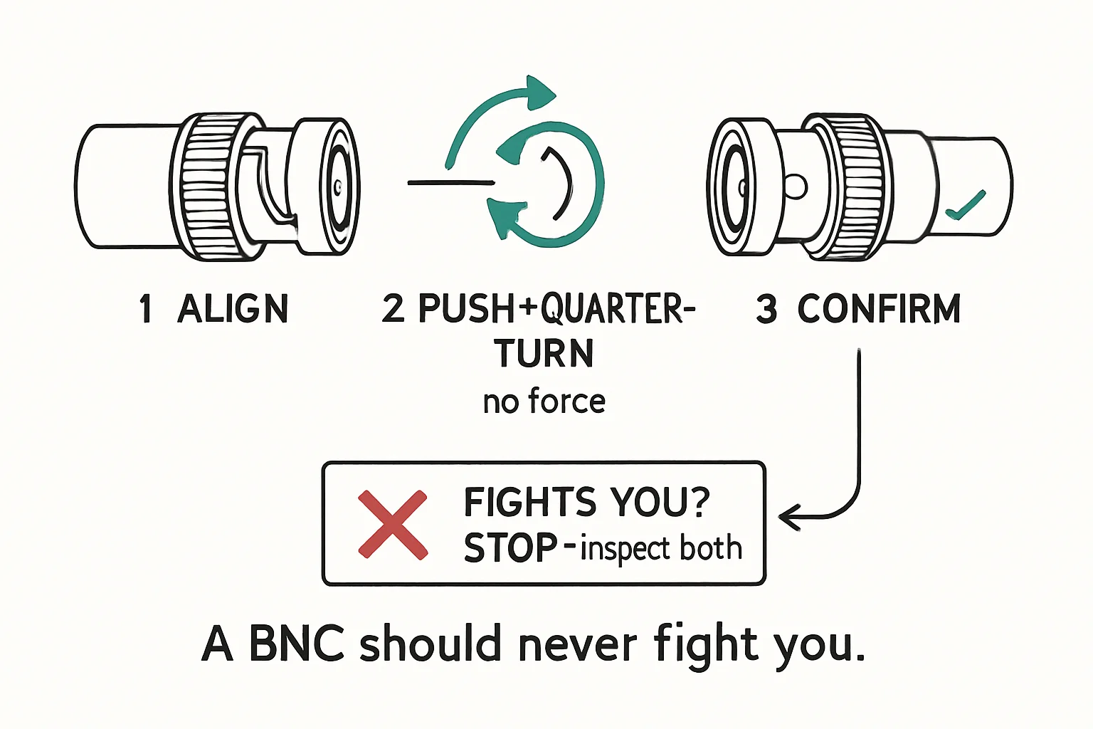 Schematic: ALIGN, PUSH + QUARTER-TURN, no force, CONFIRM