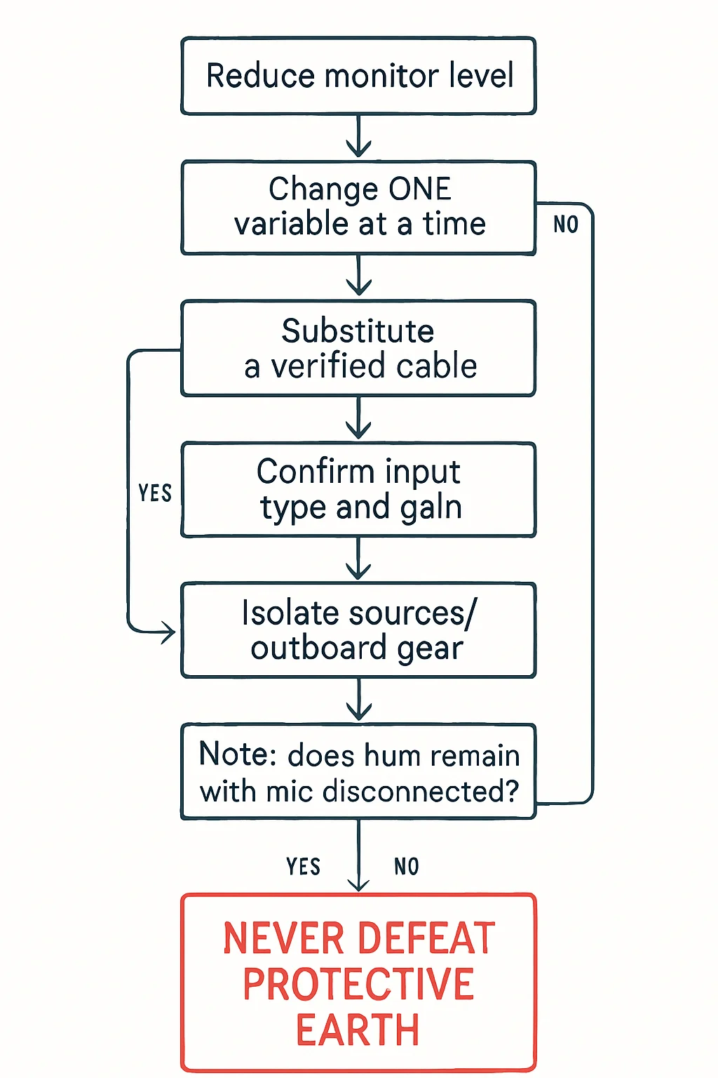 Flowchart: Reduce monitor level, Change ONE variable at a time, Substitute a verified cable, Confirm input type and gain