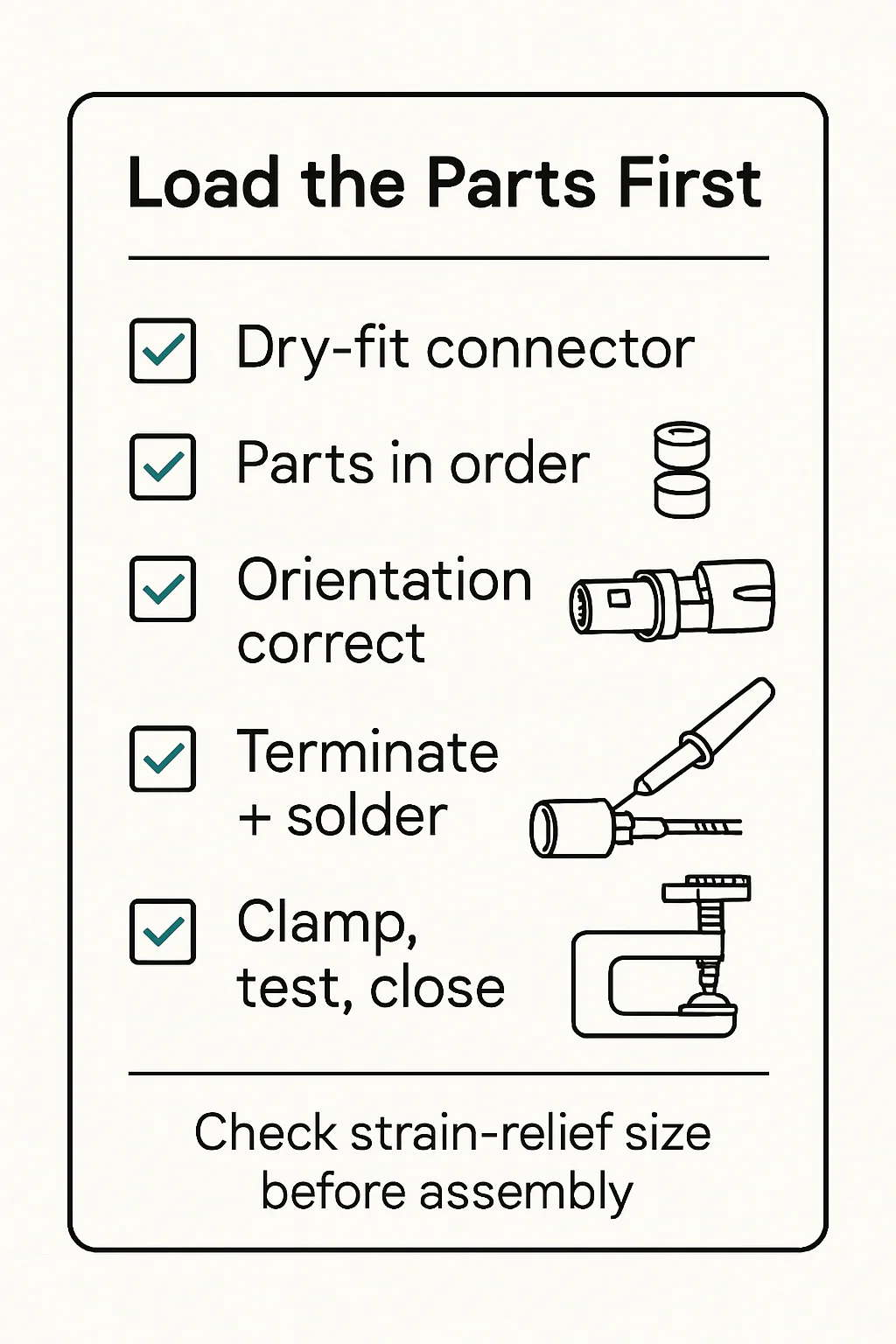 Checklist card: Load the Parts First, Dry-fit connector, Parts in order, Orientation correct