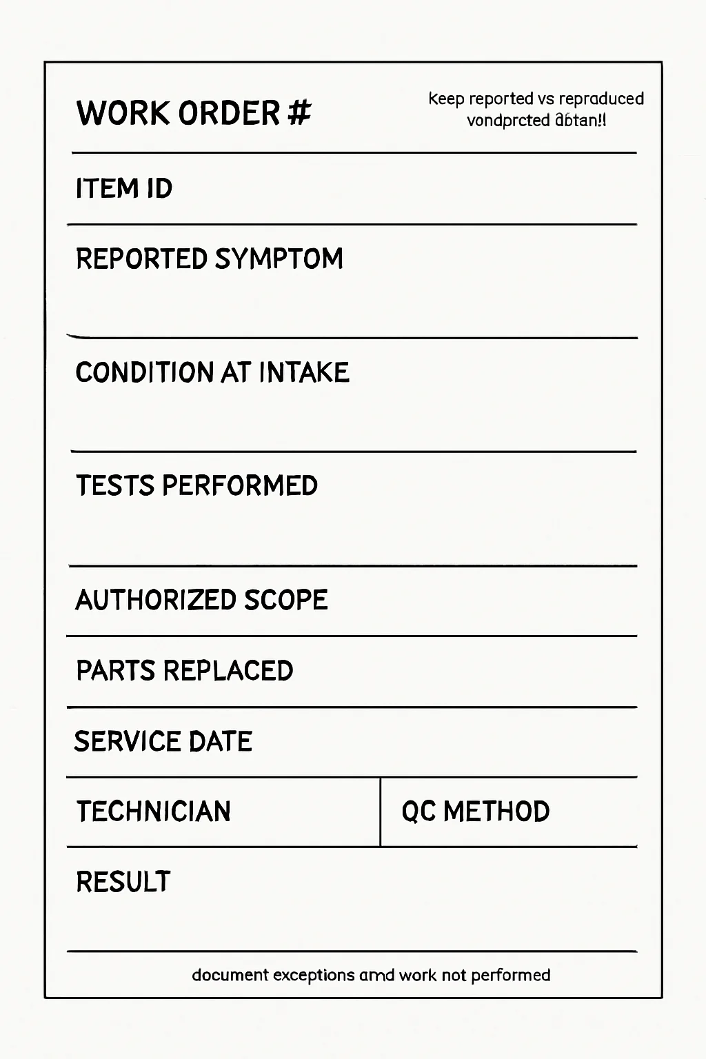 Diagram: WORK ORDER #, ITEM ID, REPORTED SYMPTOM, CONDITION AT INTAKE