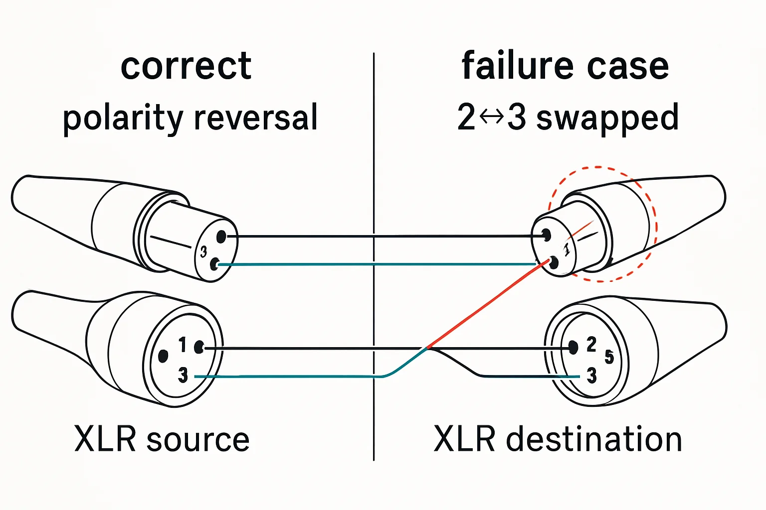 Illustration: correct, failure case, polarity reversal, 2↔3 swapped