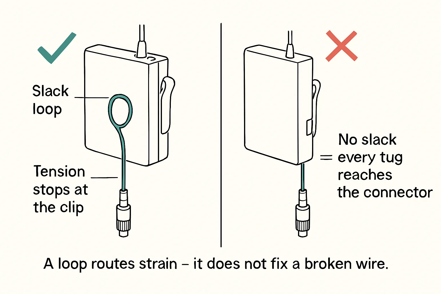 Illustration: Slack loop, Tension stops at the clip, No slack = every tug reaches the connector, A loop routes strain - it does not fix a broken wire.