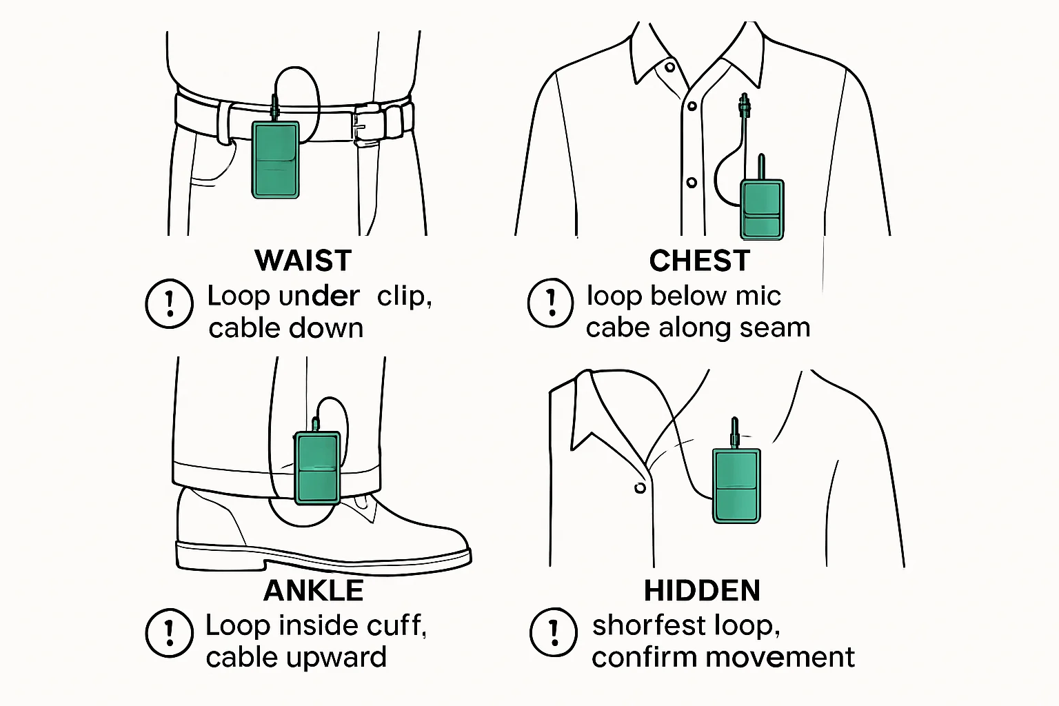 Illustration: WAIST - loop under clip, cable down, CHEST loop below mic, cable along seam, ANKLE - loop inside cuff, cable upward, HIDDEN - shortest loop, confirm movement