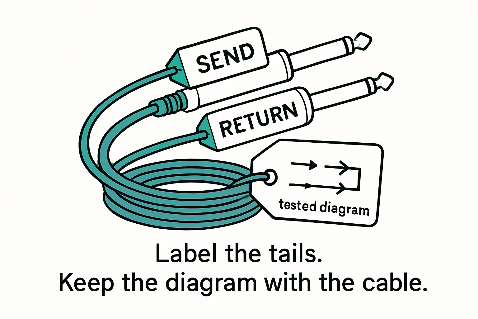 Illustration: SEND, RETURN, tested diagram, Label the tails. Keep the diagram with the cable.