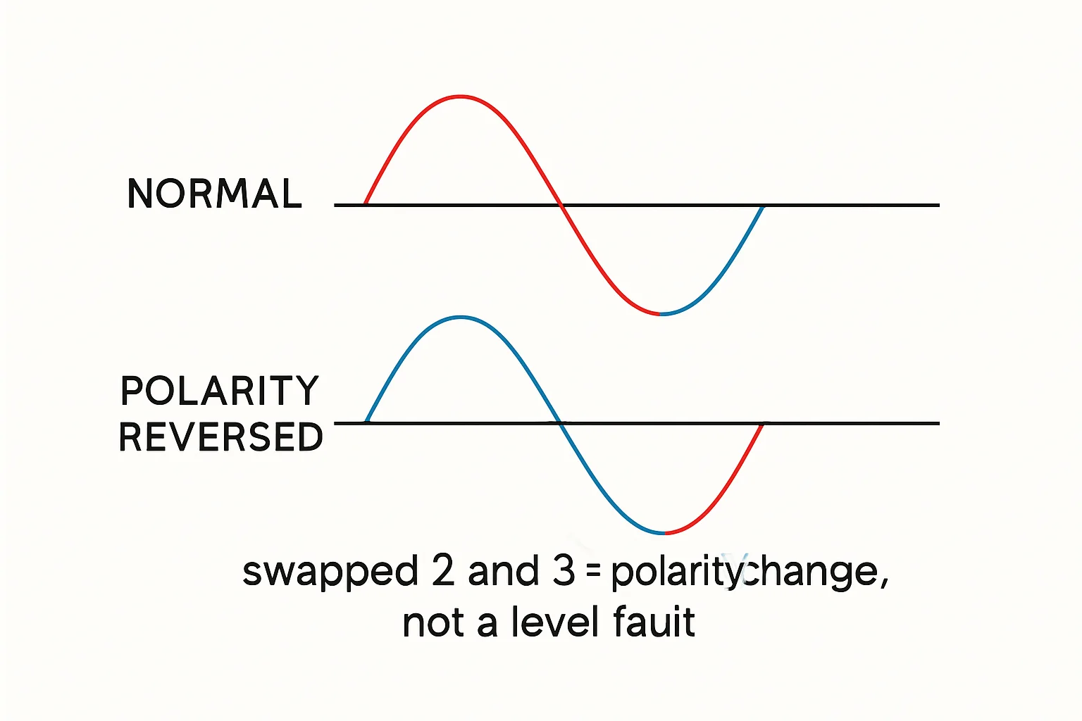 Diagram: swapped 2 and 3 = polarity change, not a level fault.
