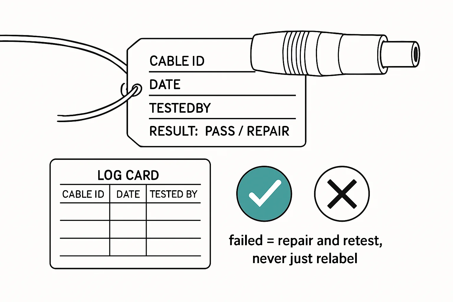 Illustration: CABLE ID, DATE, TESTED BY, RESULT: PASS / REPAIR