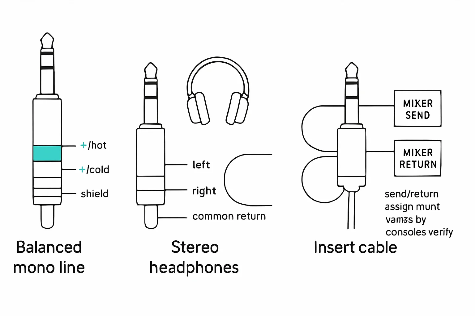 Comparison: Balanced mono line, Stereo headphones, Insert cable, send/return assignment varies by console - verify
