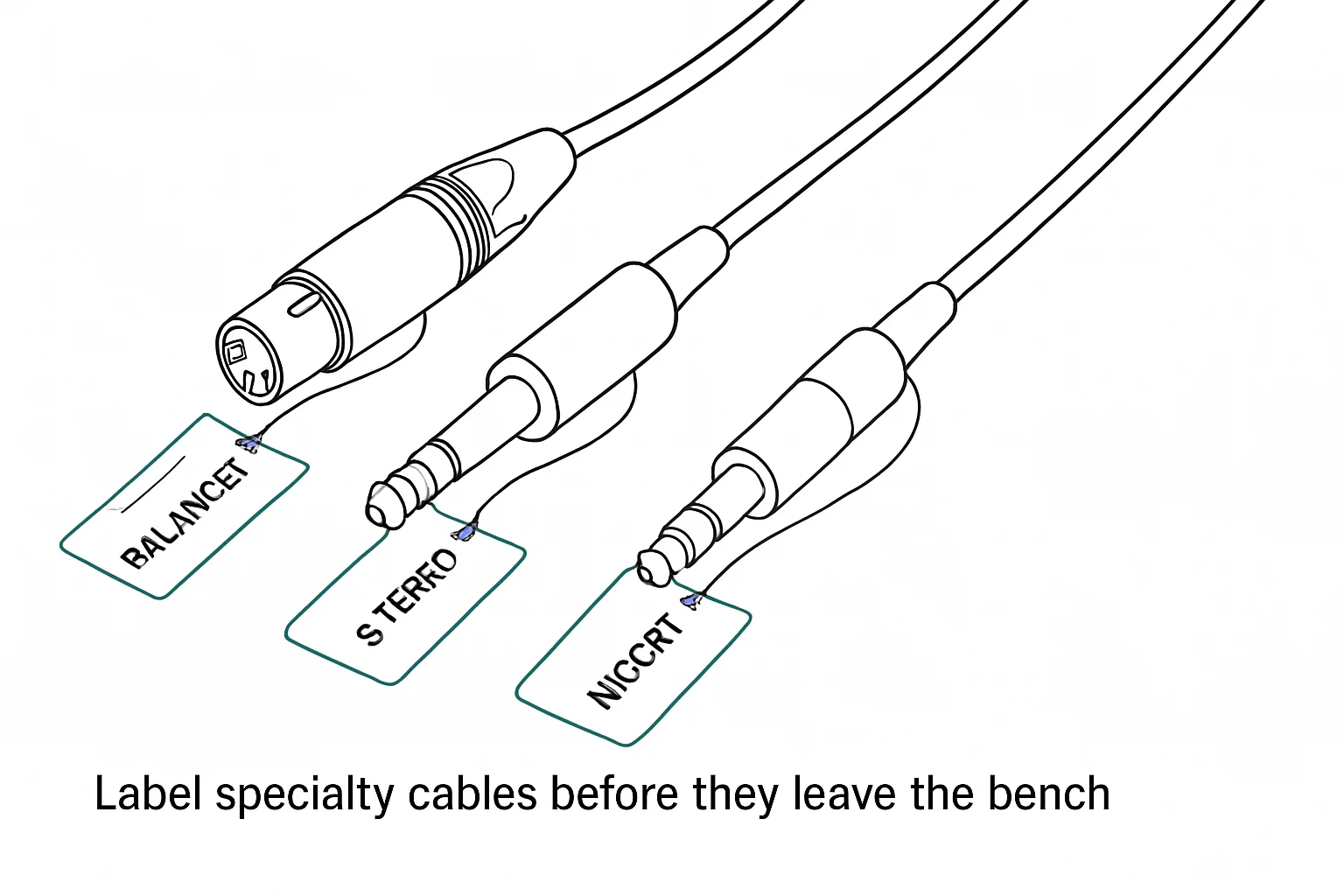Illustration: BALANCED, STEREO, INSERT, Label specialty cables before they leave the bench