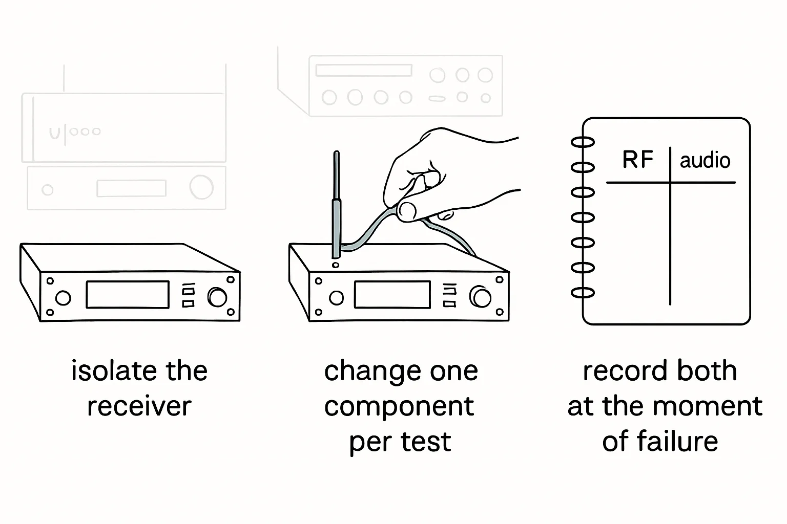 Illustration: isolate the receiver., change one component per test., RF, audio,