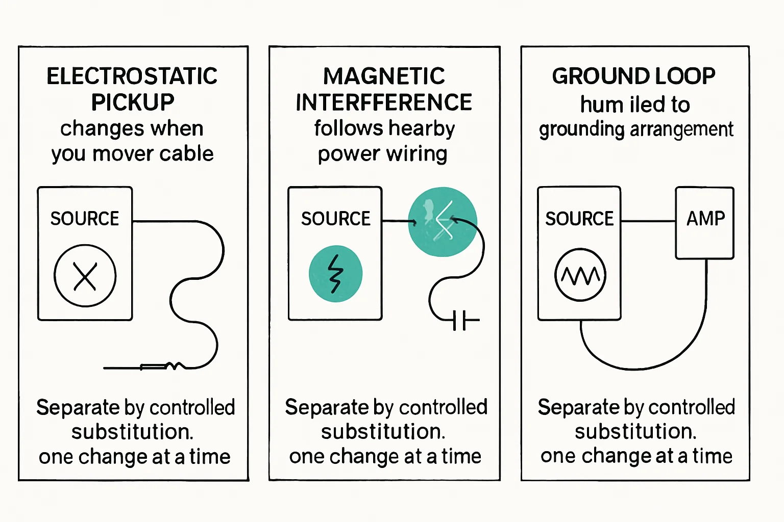 Illustration: ELECTROSTATIC PICKUP - changes when you move the cable, MAGNETIC INTERFERENCE follows nearby power wiring, GROUND LOOP - hum tied to grounding arrangement, Separate by controlled substit