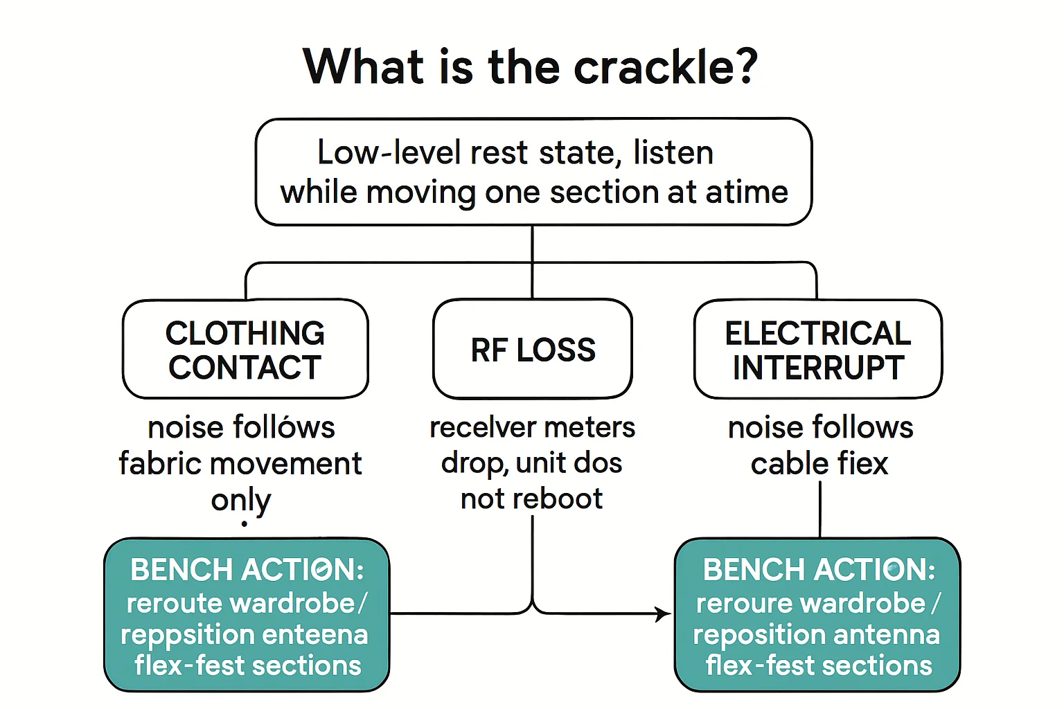 Illustration: What is the crackle?, CLOTHING CONTACT - noise follows fabric movement only, RF LOSS - receiver meters drop, unit does not reboot, ELECTRICAL INTERRUPT - noise follows cable flex