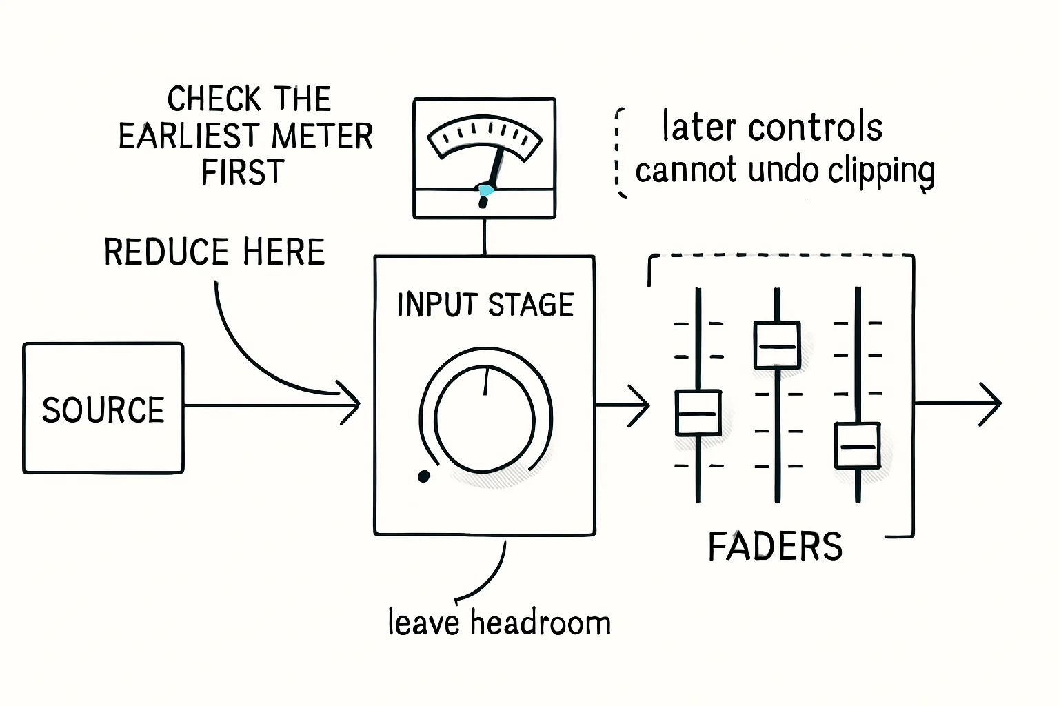 Illustration: SOURCE, INPUT STAGE, FADERS, OUTPUT