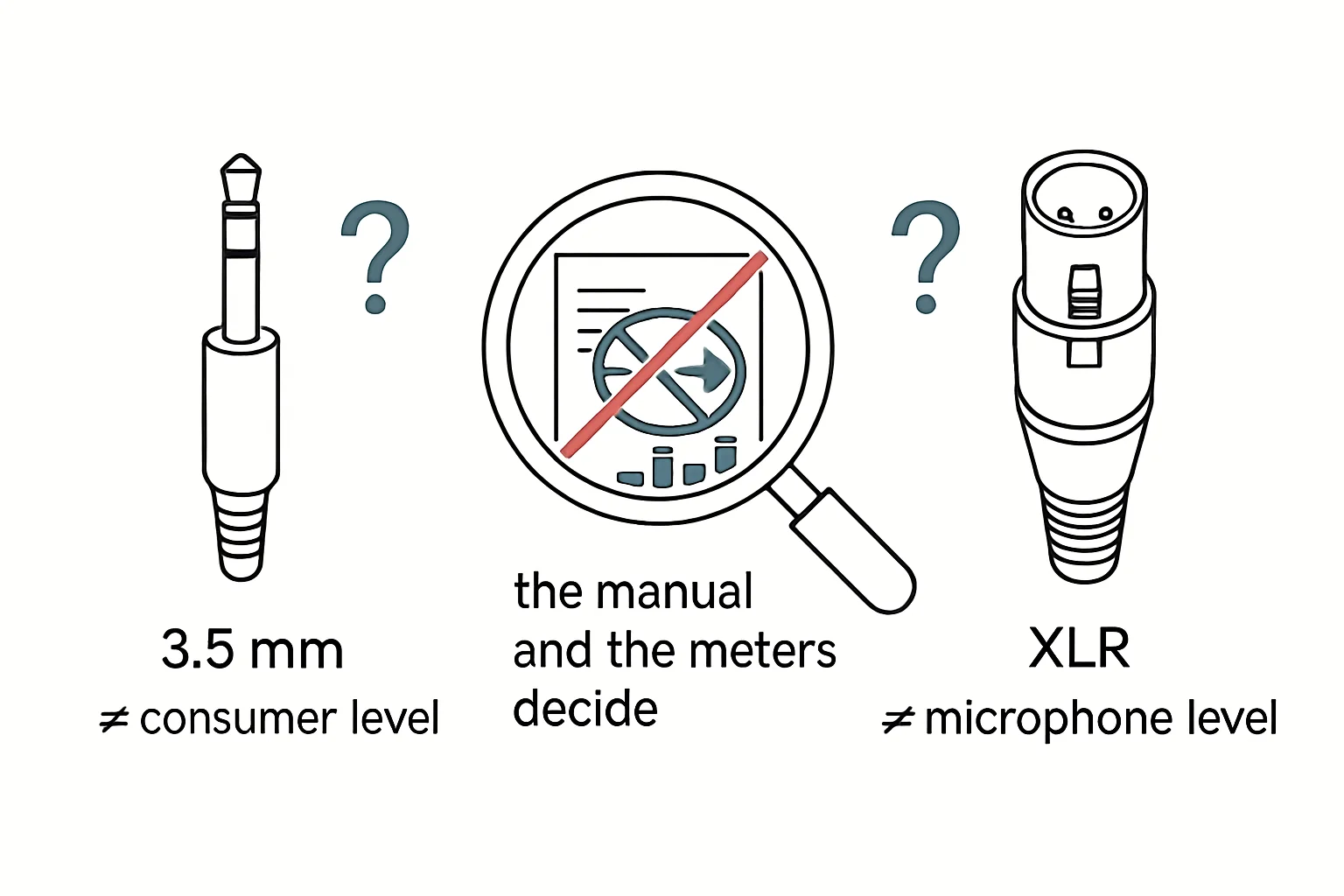Illustration: 3.5 mm ≠ consumer level, XLR ≠ microphone level, the manual and the meters decide