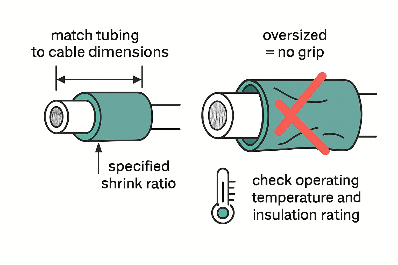 Illustration: match tubing to cable dimensions, specified shrink ratio, oversized = no grip, check operating temperature and insulation rating