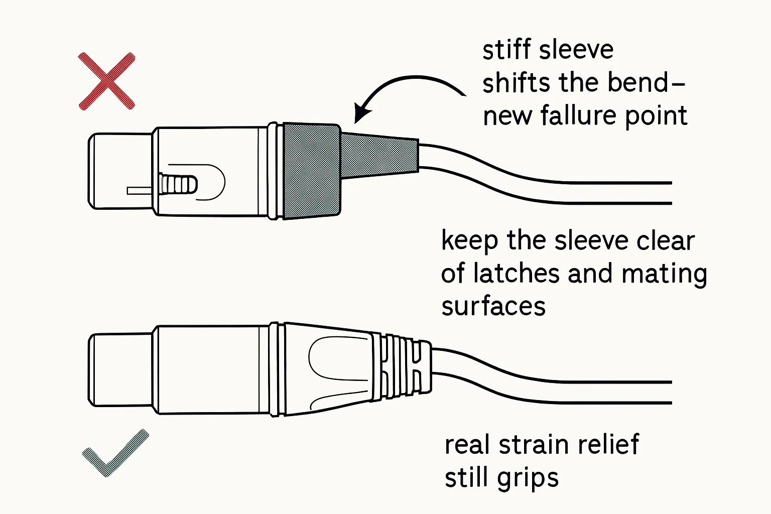 Illustration: stiff sleeve shifts the bend - new failure point, real strain relief still grips, keep the sleeve clear of latches and mating surfaces