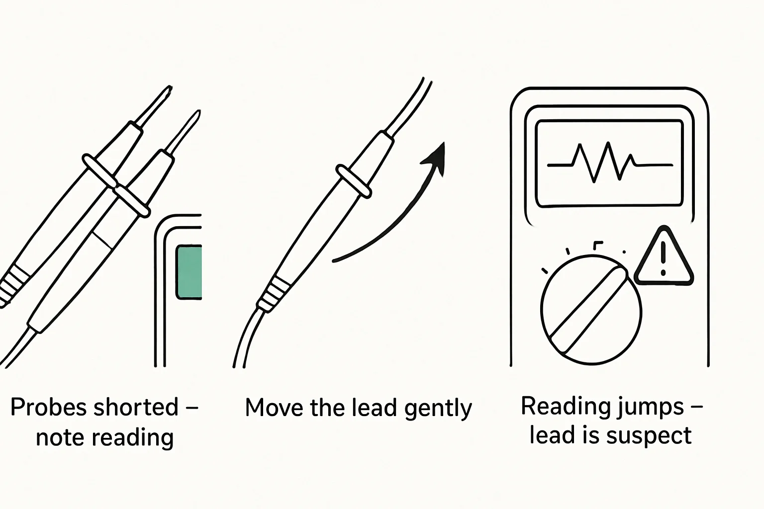 Illustration: Probes shorted - note reading, Move the lead gently, Reading jumps - lead is suspect