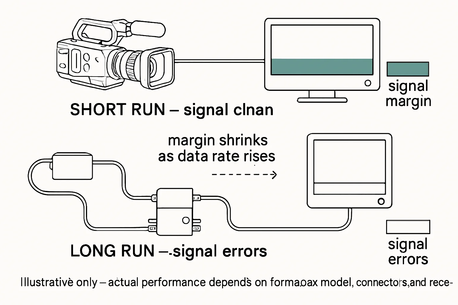 Illustration: SHORT RUN - signal clean, LONG RUN signal errors, margin shrinks as data rate rises