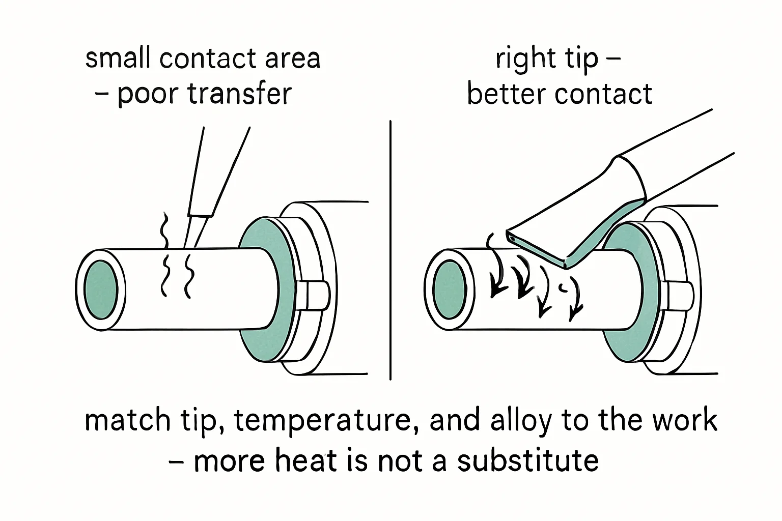 Diagram: small contact area - poor transfer., right tip - better contact.