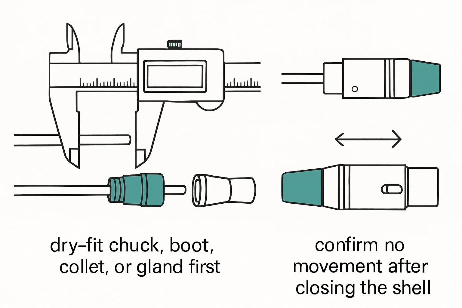 Illustration: measure actual cable OD., dry-fit chuck, boot, collet, or gland first., confirm no movement after closing the shell.